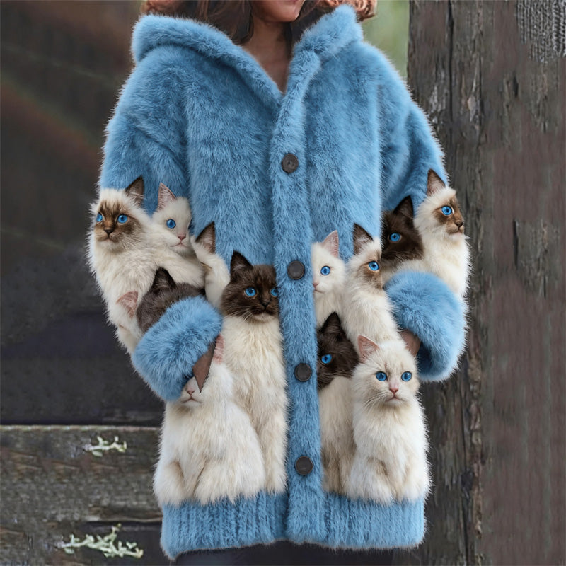 Woll-Strickjacke mit schwarz-weißem Katzen-Print