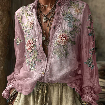 Women's Vintage Bohemian Floral Pattern Linen Long Sleeve Shirt artswardrobe