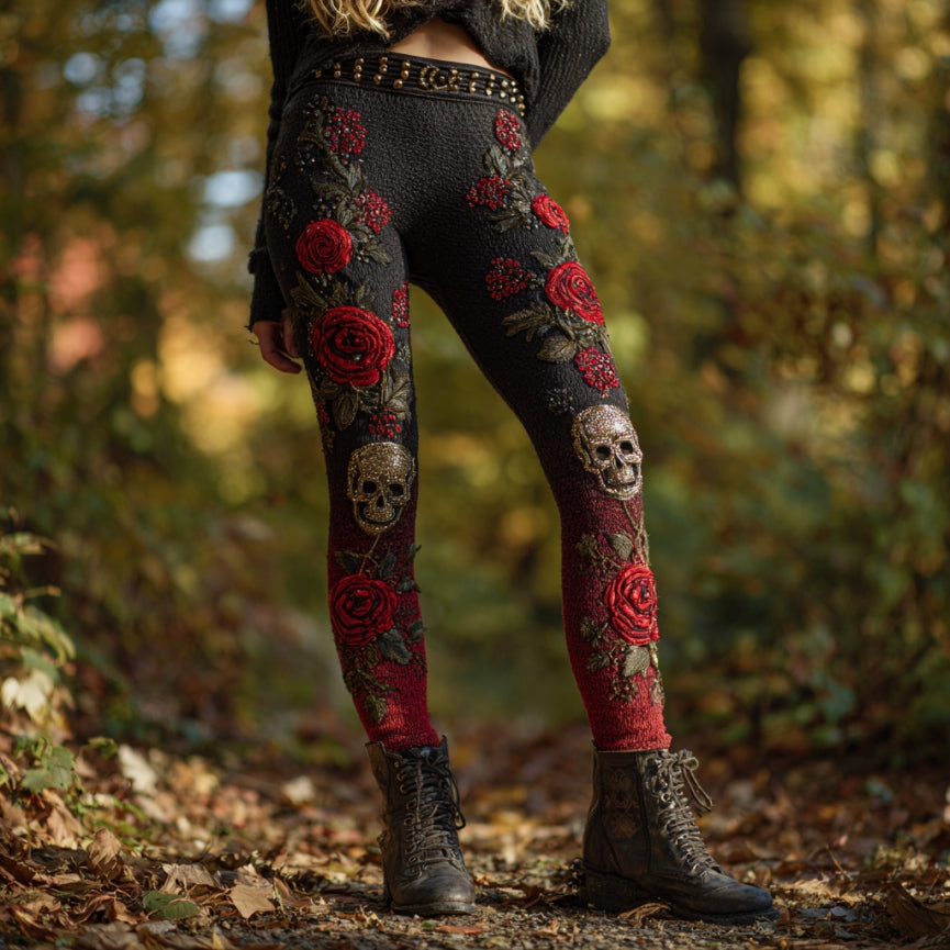 Women's Vintage Skull And Rose Pattern Comfortable Leggings elevenforest
