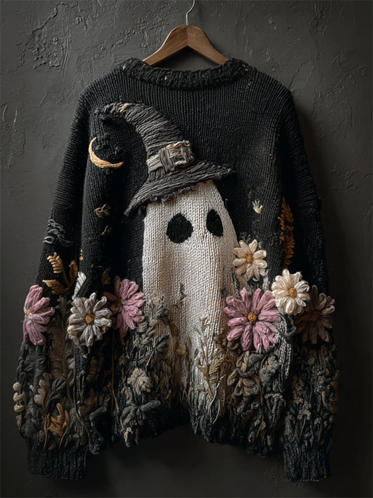 Halloween Lovely Witch Hat Ghost Floral Cozy Knit Sweater artswardrobe