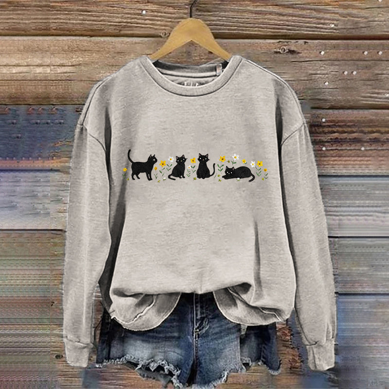 Comstylish Women's Cute Floral Black Cat Embroidered Sweatshirt