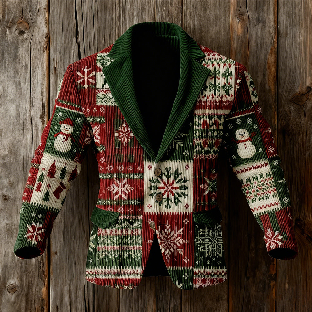 Comstylish Men's Vintage Christmas Patchwork Art Cozy Corduroy Suit