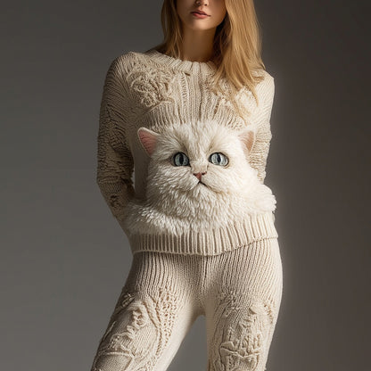Comstylish Cute Fuzzy Cat Face Embroidered Cozy Knit Sweater