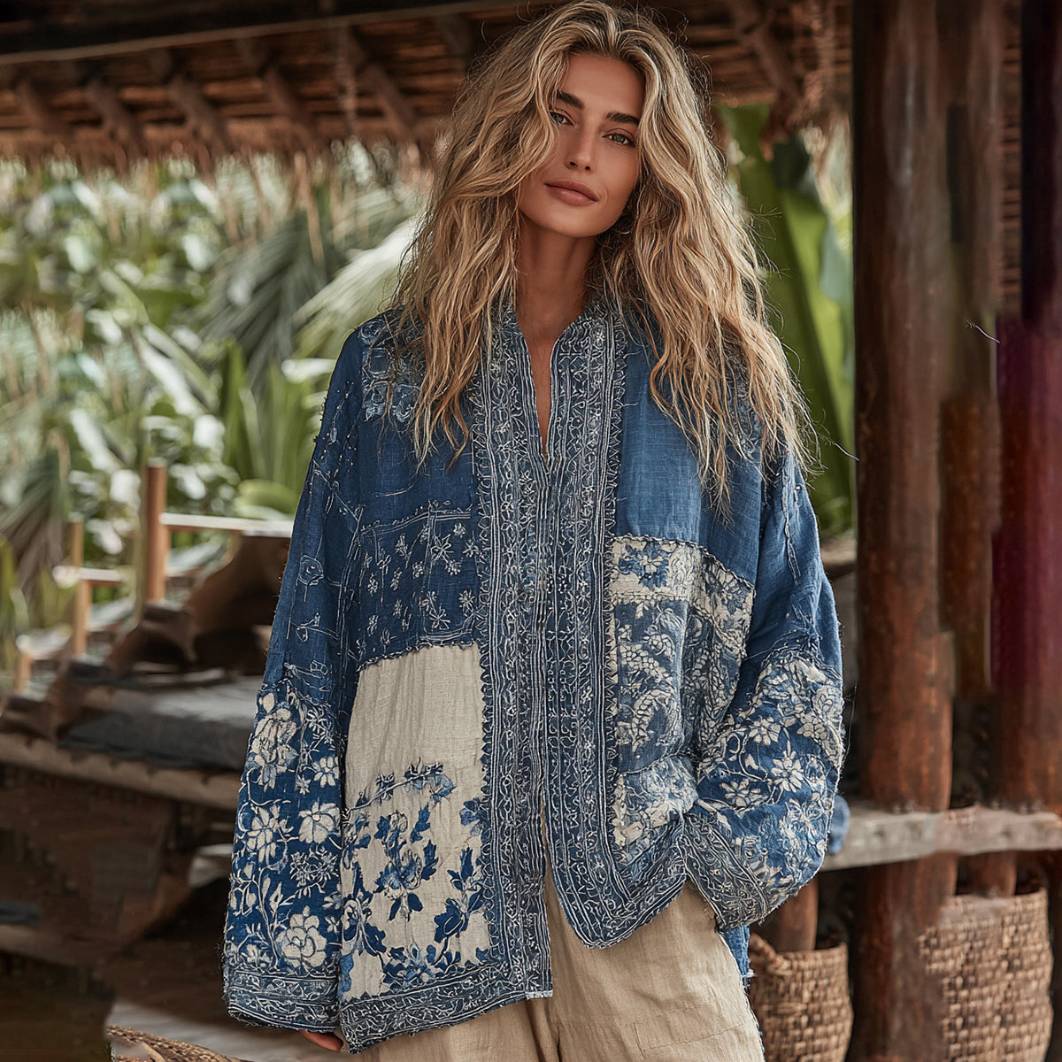 Retro Bohemian Floral With  Japanese Traditional Sashiko Art Embroidery Print Cotton And Linen Blend Kimono Cardigan artswardrobe