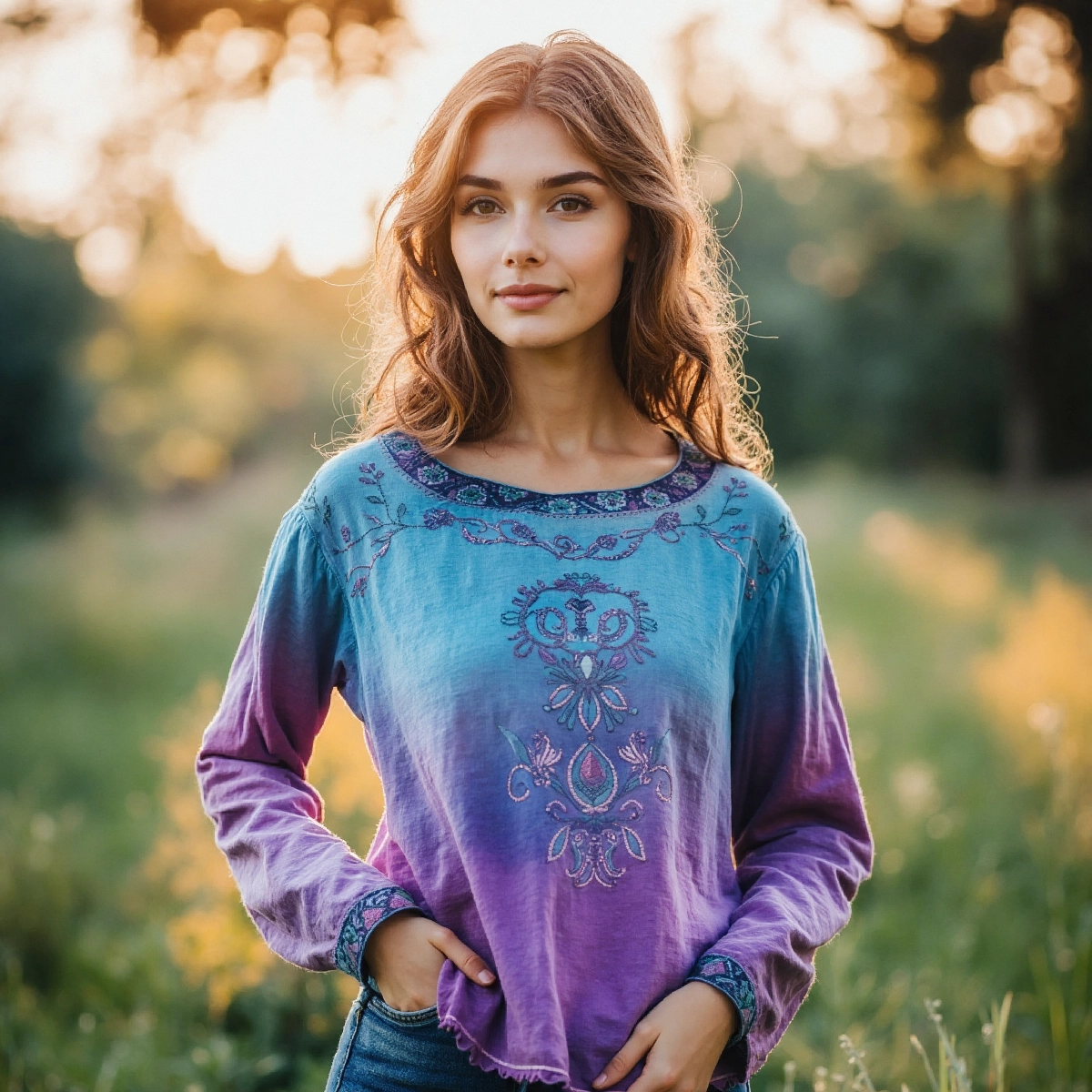 Comstylish Retro Floral Art Embroidery Print Cotton And Linen Blend Loose Blouse