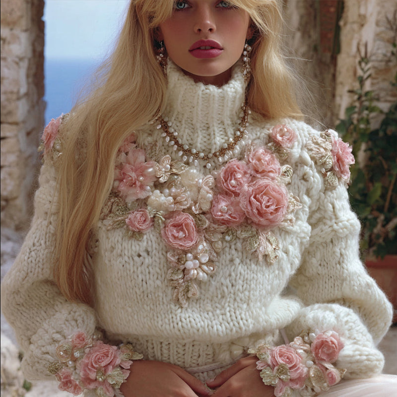 Baumwollpullover mit cremefarbenen und rosa Rosenverzierungen