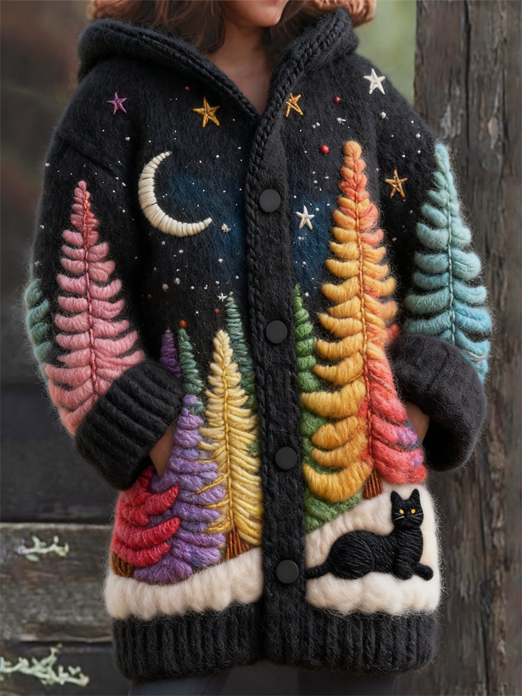 Comstylish Black Cat & Colorful Christmas Trees Landscape Cozy Hooded Cardigan