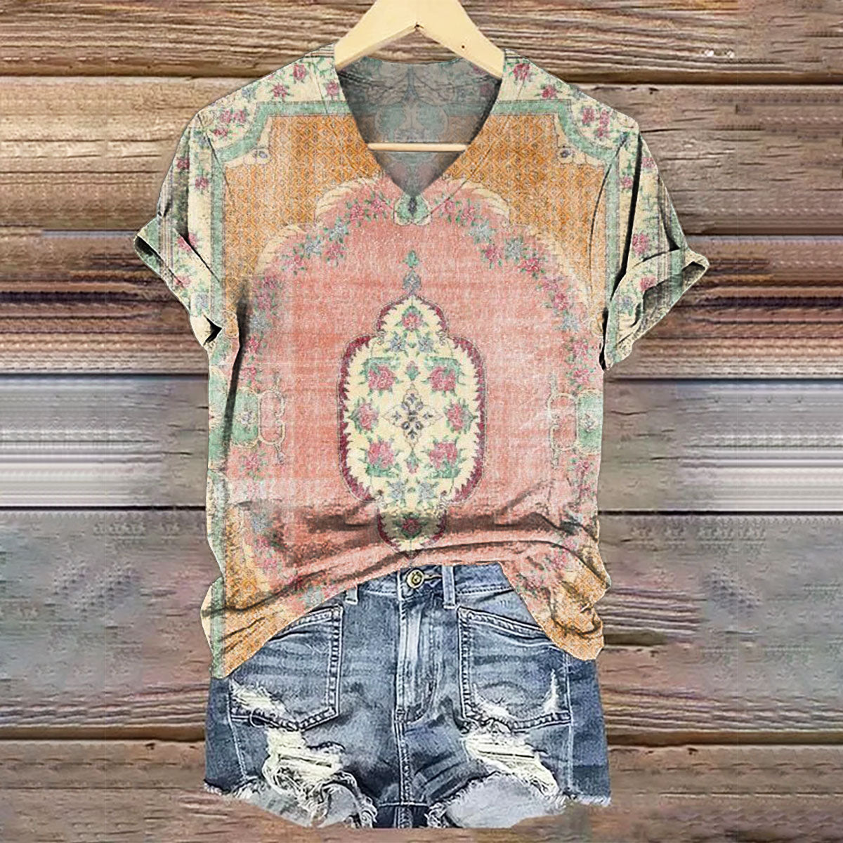 Women's Ethnic T-shirt with Art Print V-Neck