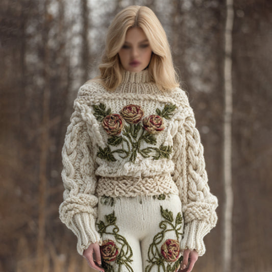 Comstylish Viking Style Three-dimensional Rose Embroidery High Neck Sweater