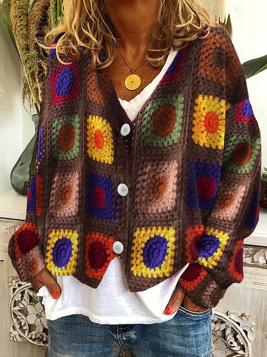 Retro Knitted Crochet Floral V Neck Button Down Cardigan elevenforest