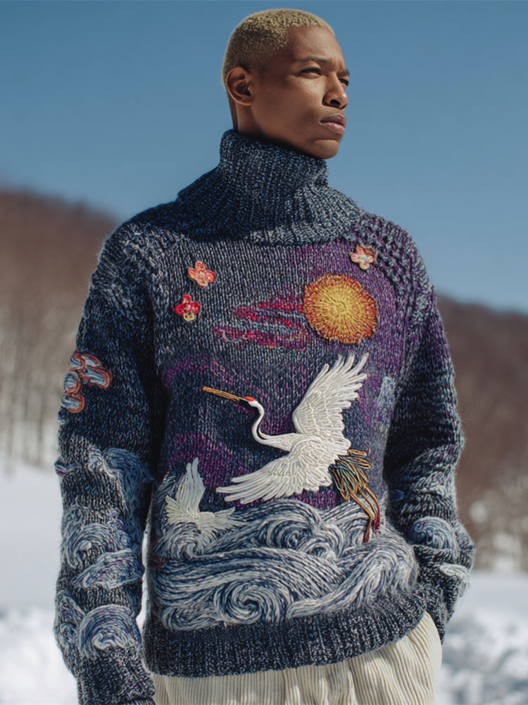 Japanese Crane & Ocean Wave Men's Knit Turtleneck Sweater elevenforest