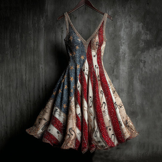 Vintage Sequin Music Notes And Flag Art Midi Dress artswardrobe