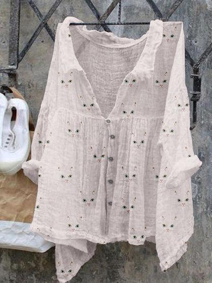 Cute Cat Face Pattern Cozy Flowy Shirt elevenforest