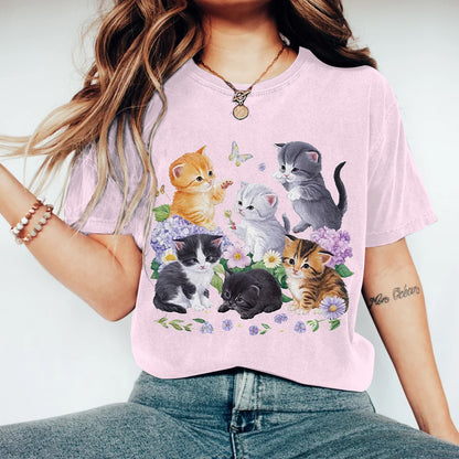 Abstract Creative  Aesthetic Cat Butterfly Flower Wildflower Cat Art Print Cotton Graphic T-shirt elevenforest