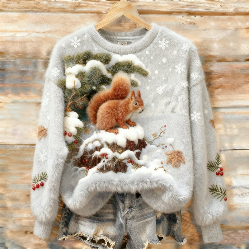 Baumwollpullover mit rotem Eichhörnchen und bereiften Zweigen