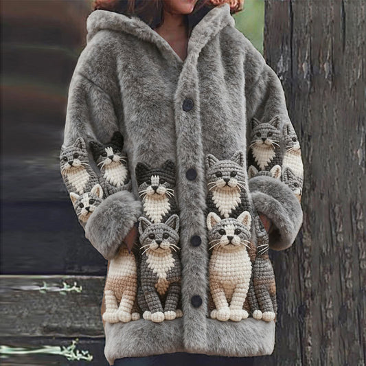 Comstylish Women's Cat Pattern Cozy Knit Hooded Sweater Cardigan