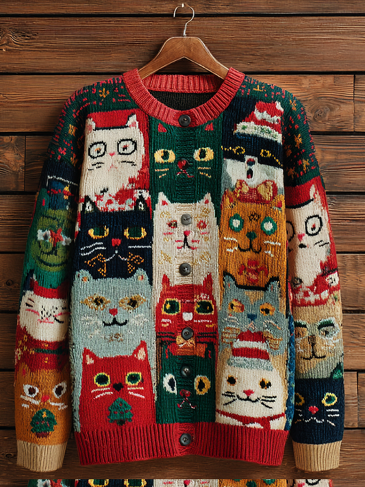 Comstylish Christmas Fun Cat Lady Round Neck Knitted Sweater Coat
