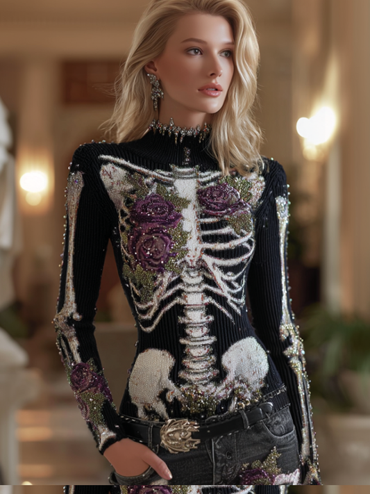 Comstylish Halloween Human Anatomy Style Bone Pattern And Flower Pattern Combined Design Women's Round Neck Knit Sweater