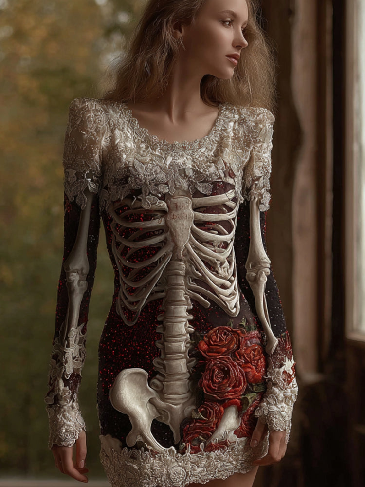 Comstylish Women's Halloween Skeleton And Rose Dark Round Neck Mini Skirt