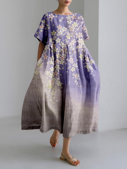 Comstylish Japanese Cherry Blossom Art Linen Blend Maxi Dress