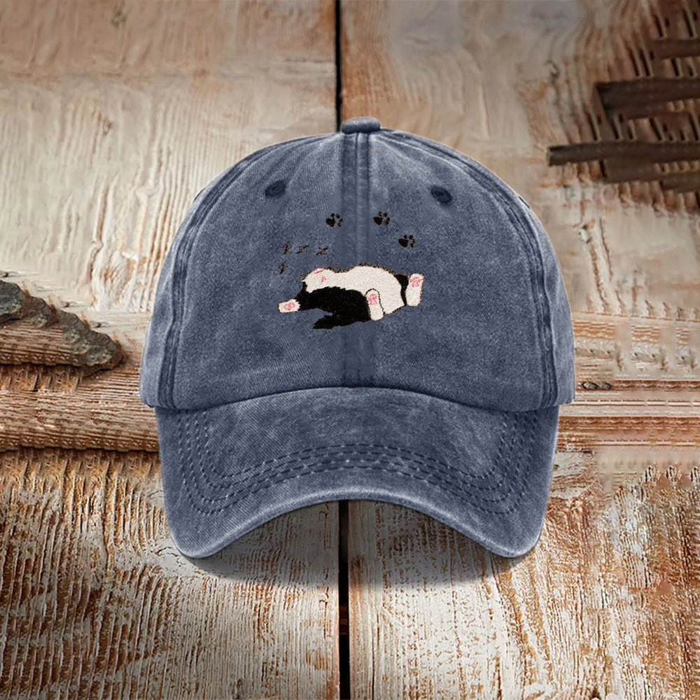Funny Sleeping Cat Embroidered Washed Hat elevenforest