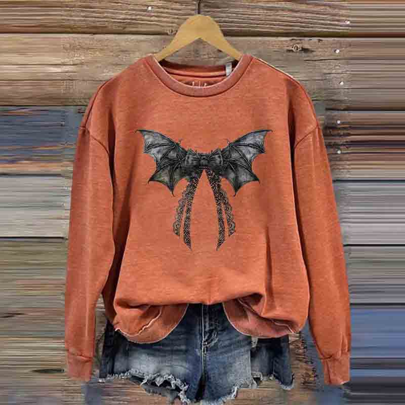 Comstylish Halloween Bat Bow Print Round Neck Casual Sweatshirt