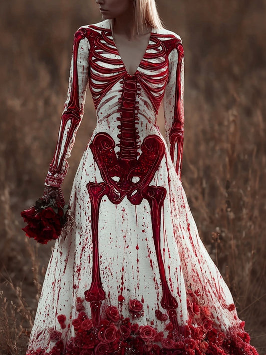 Comstylish Classy Skeleton Bloody Roses V Neck Linen Maxi Dress