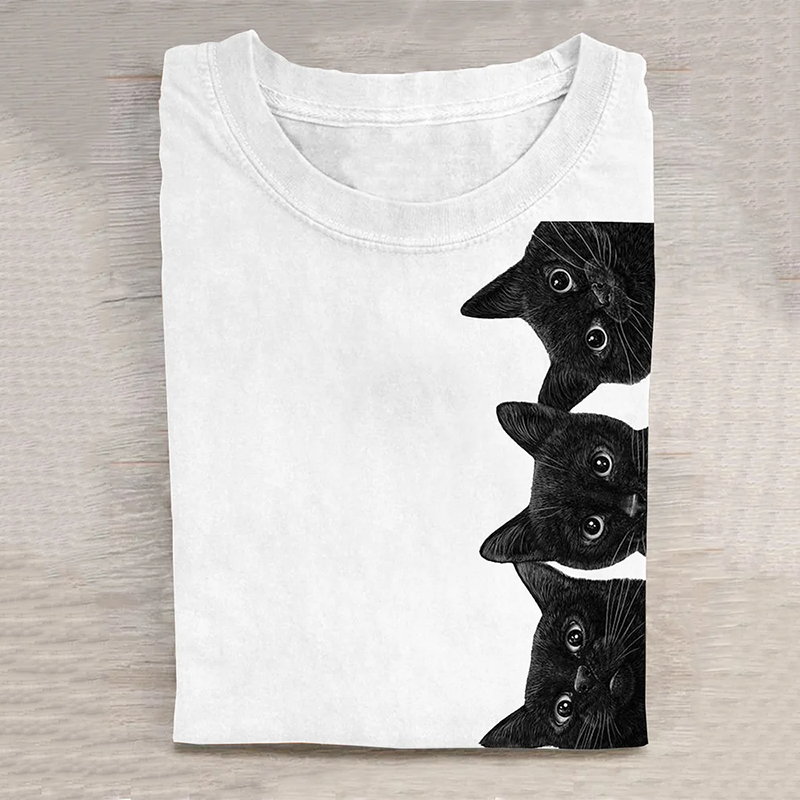 Unisex Black Cat Art Print Casual Tee elevenforest