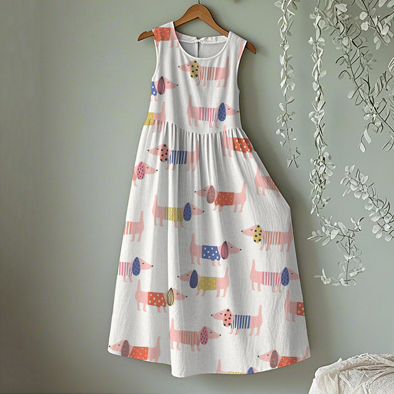 Vintage Dachshund Dog Art Linen Tank Midi Dress artswardrobe