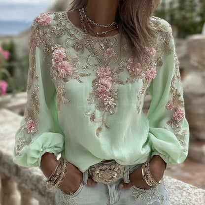 Comstylish Women's Vintage Pink Rose Embroidery Art Round Neck Long Sleeve Linen Blend T-shirt
