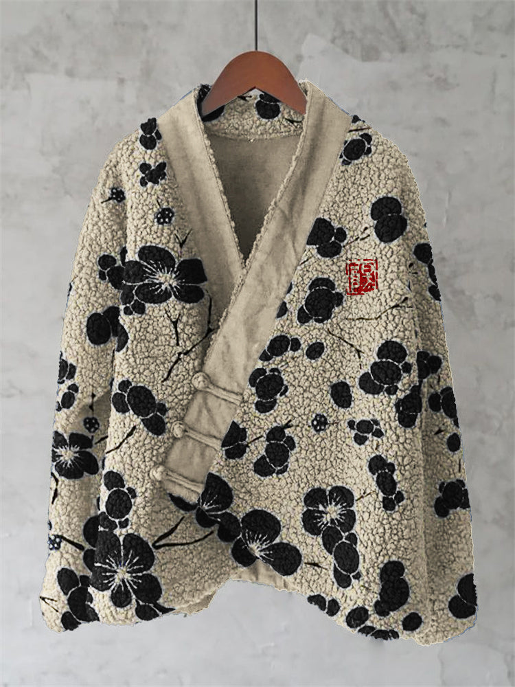 Cherry Blossom Japanese Lino Pattern Cozy Fleece Kimono Cardigan