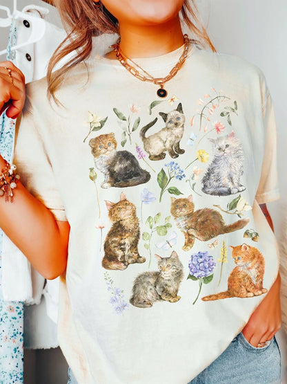 Countryside Cat Embroidery Print T-shirt elevenforest