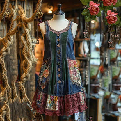 Vintage Denim Patchwork Lace Art Sleeveless Dress artswardrobe