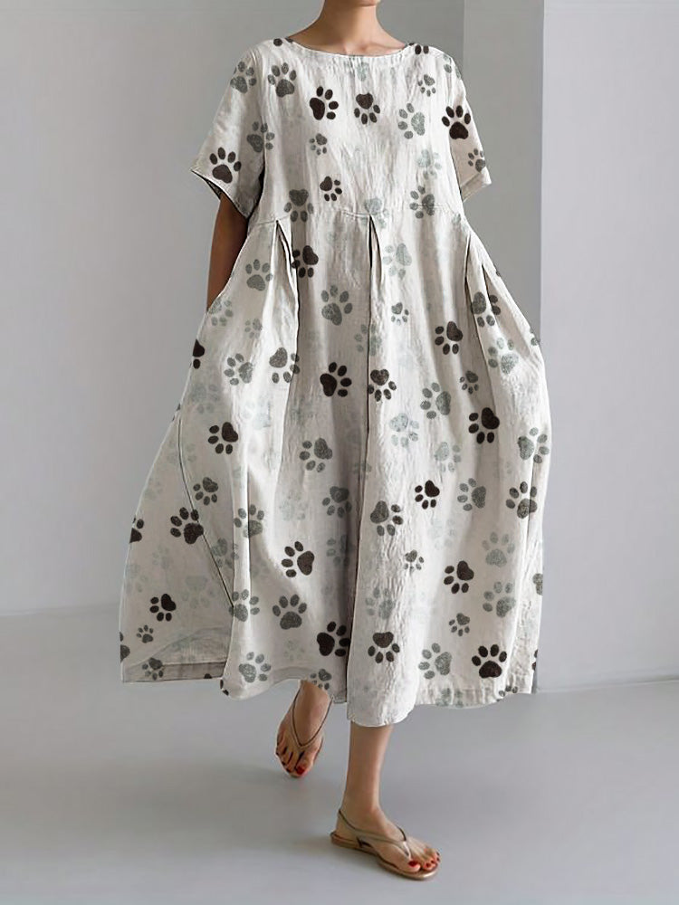 Comstylish Paw Prints Pattern Flowy Maxi Linen Blend Dress