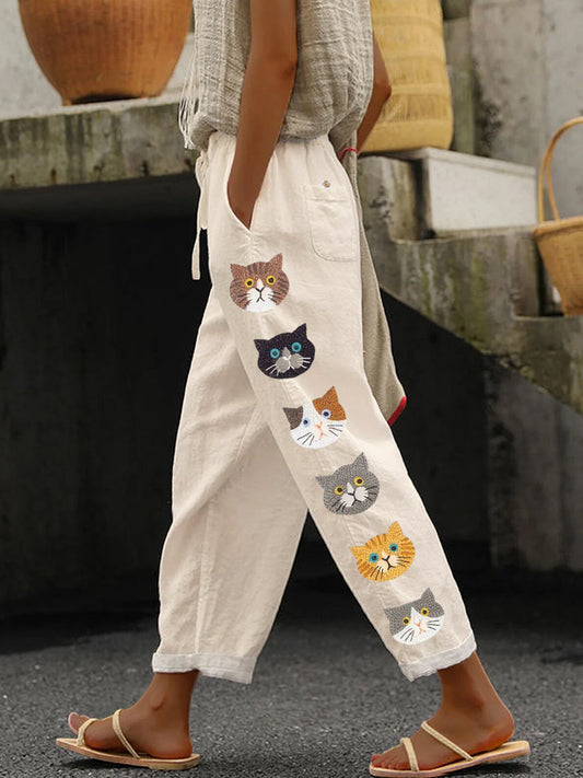 Comstylish Cute Cats Animal Embroidery Pattern Linen Pants