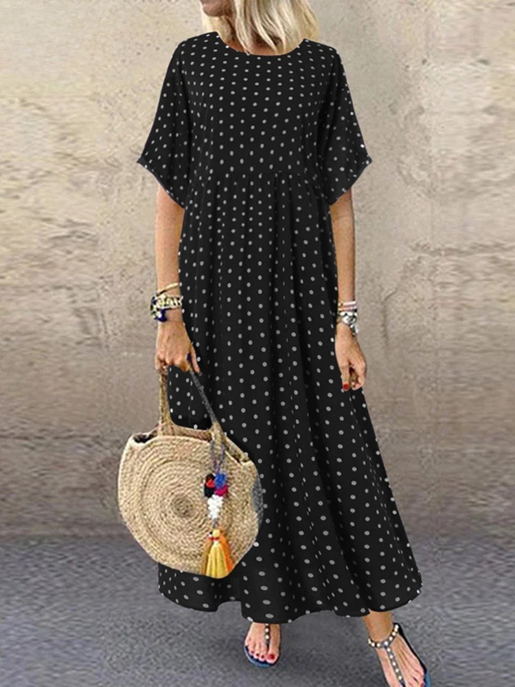 MW | Polka Dot Damen Midikleid Bohemian Urlaub Kurzarm O-Ausschnitt Lange Robe Vintage Locker Lässig A-line Vestidos Sommer