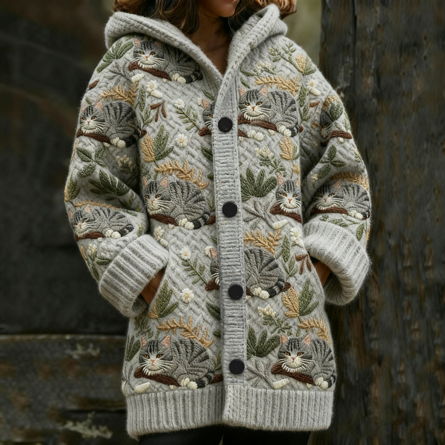 Comstylish Women's Retro Lazy Cat Graphic Jacquard Hooded Knit Cardigan