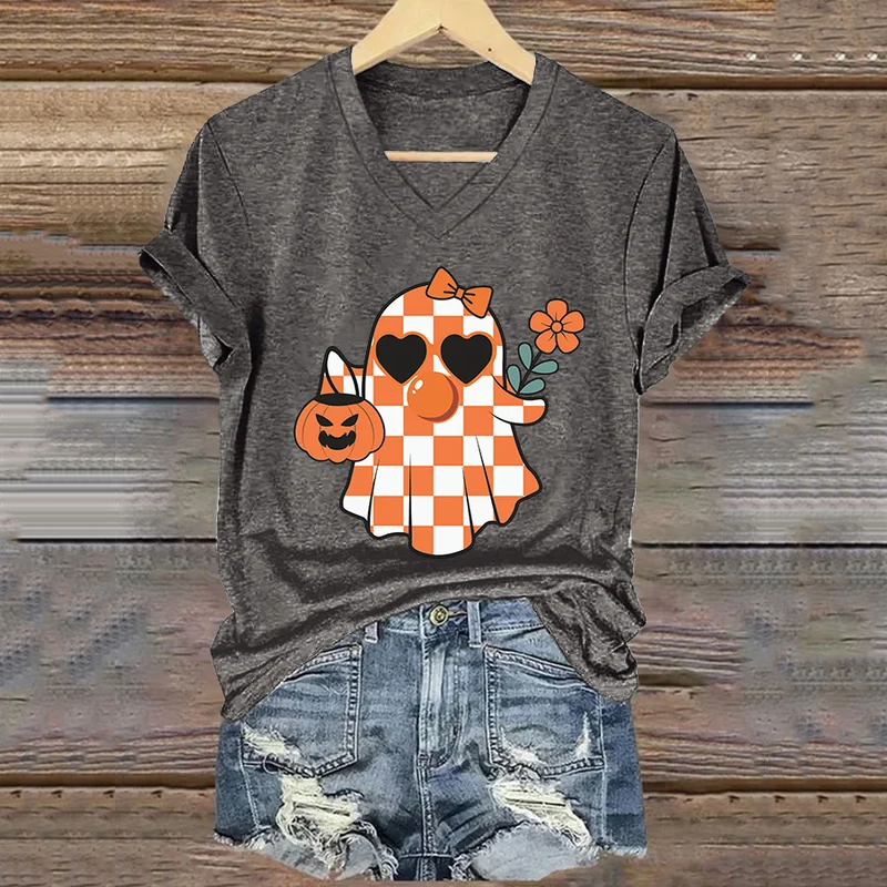 Thanksgiving Autumn Cute Ghost Pumpkin Painting V-Neck T-Shirt artswardrobe