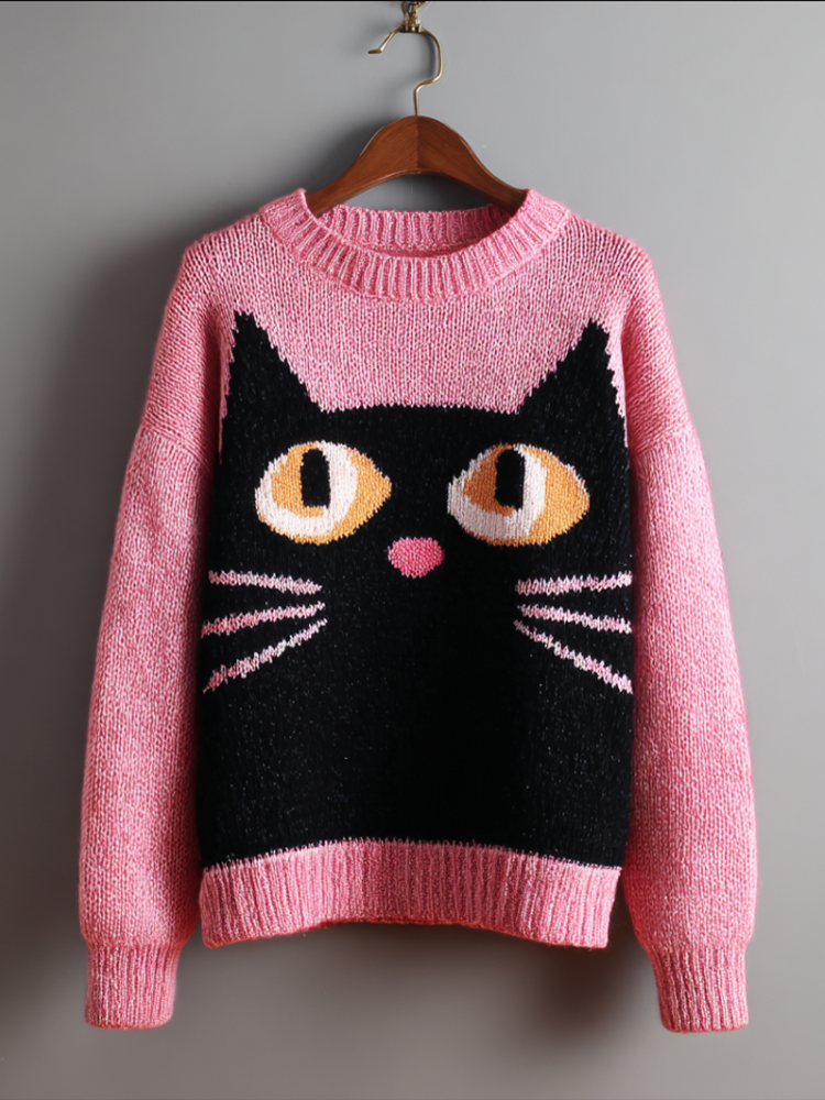 Baumwollpullover mit schwarzem Katzengesicht-Design