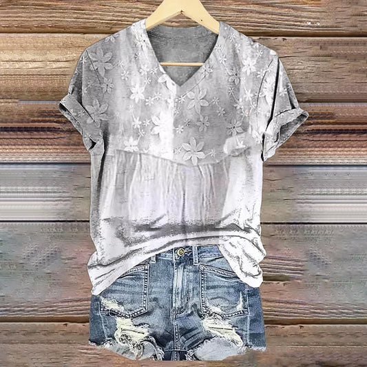 Women's Floral Art Print V-Neck Casual T-Shirt