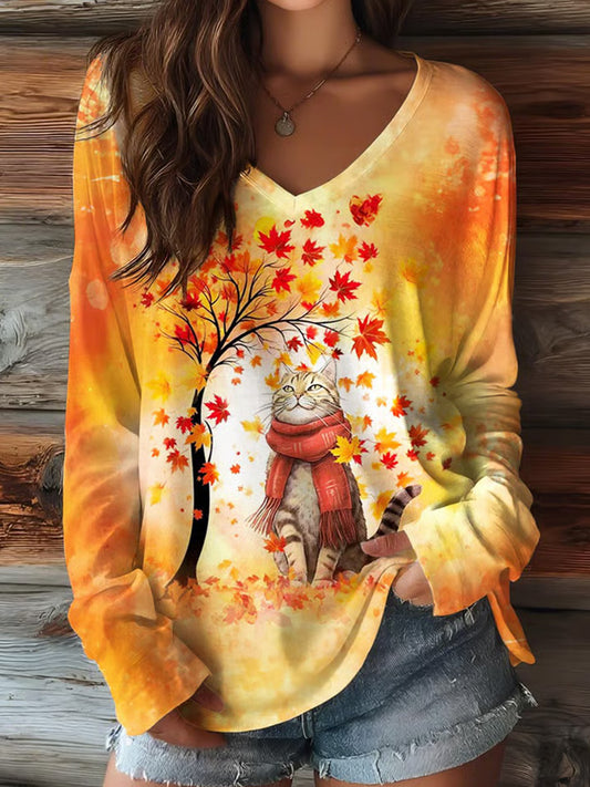 Women's Casual Autumn Leaves Cat Print Long Sleeve T-shirt elevenforest