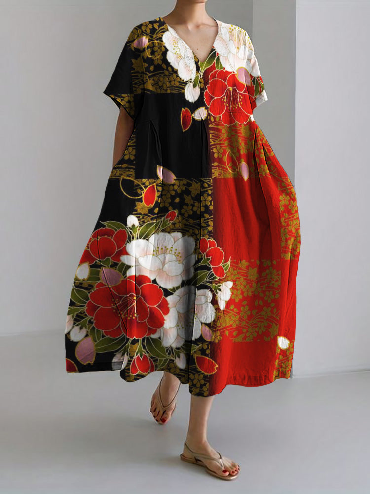 Comstylish Floral Japanese Contrast Art Linen Blend Maxi Dress