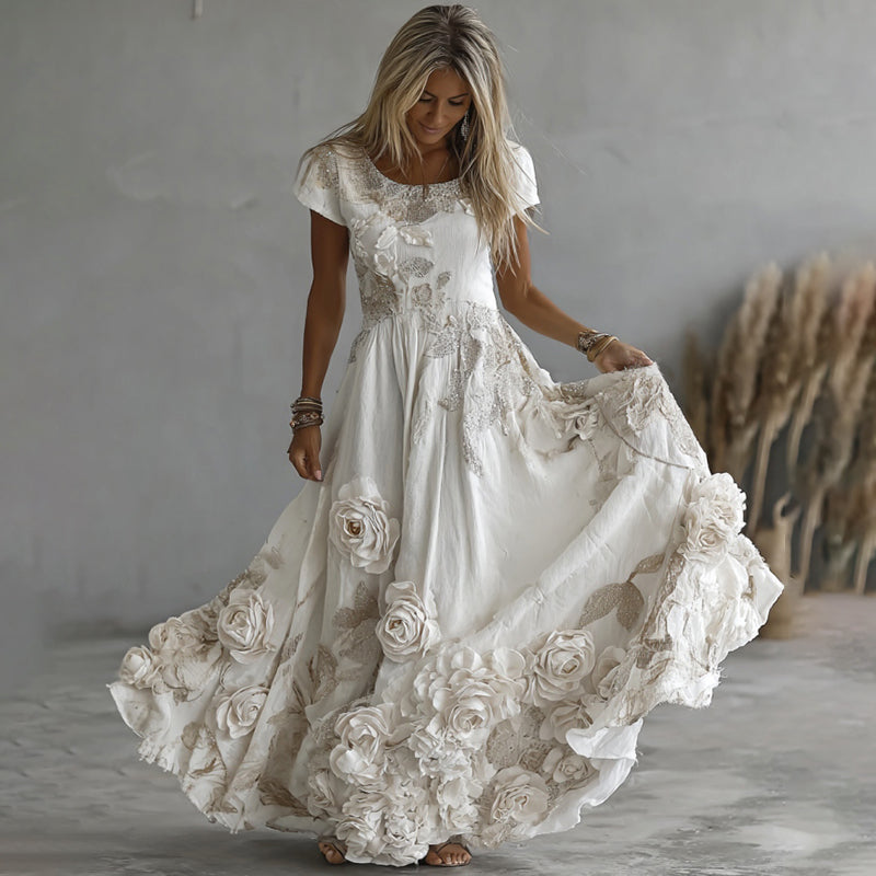 Comstylish Women's Vintage White Rose Embroidery Art Round Neck Short Sleeve Maxi Dress