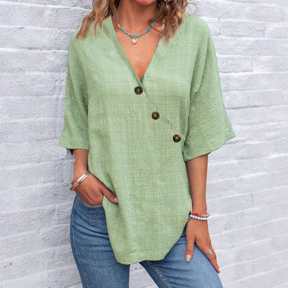 Women's Solid Color Button Linen V-neck T-shirt artswardrobe