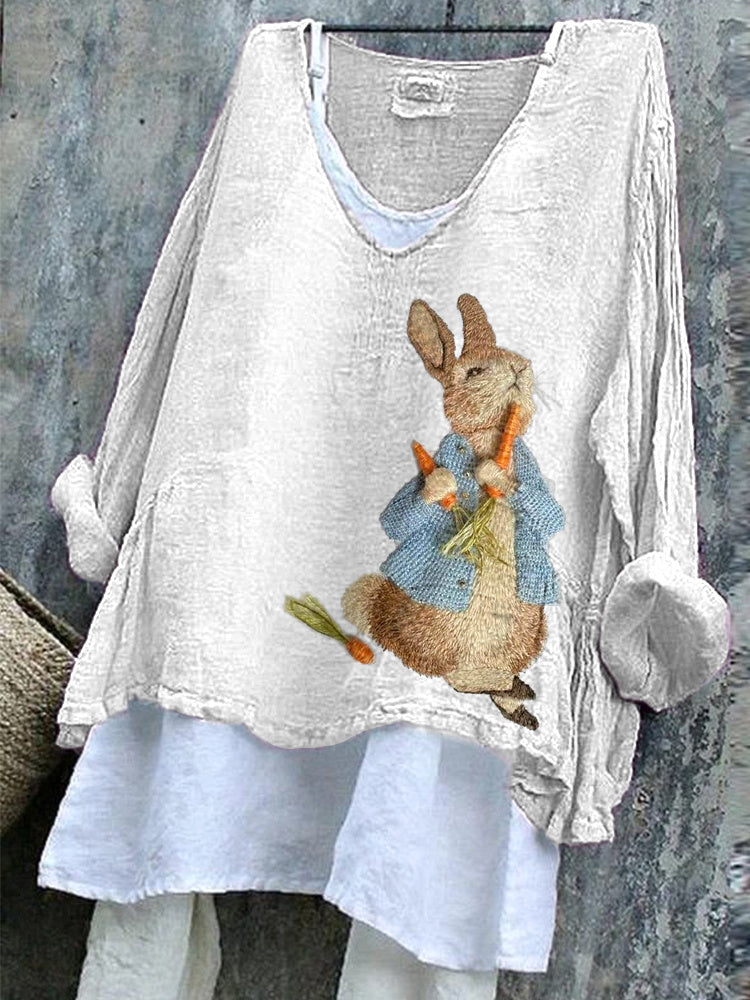 Cute Bunny Embroidery Pattern Cozy Linen Shirt artswardrobe
