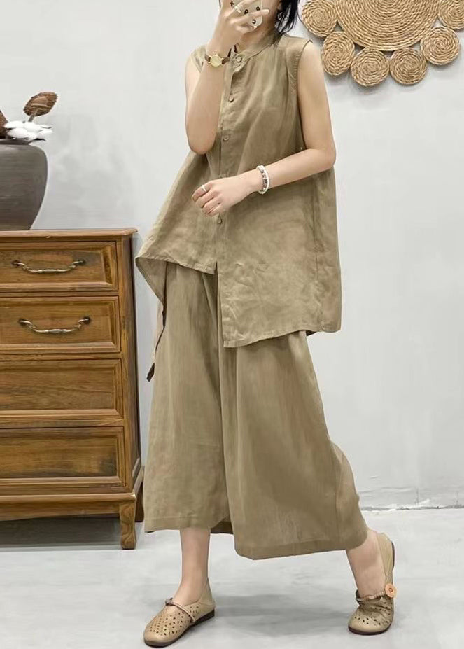 Kaffeebraunes zweiteiliges Set aus Leinenweste mit Stehkragen und asymmetrischem Patchwork und Cropped-Hose, Sommer