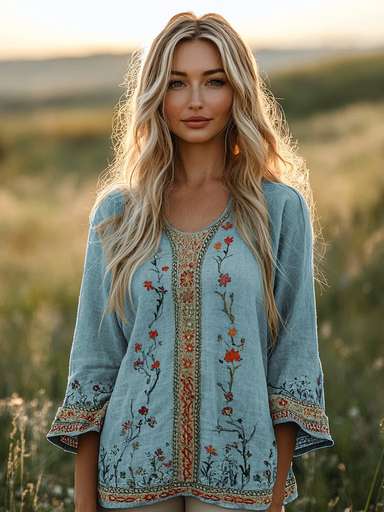 Retro Bohemian Floral Embroidery Art Graphics Linen Blend Loose Blouse artswardrobe
