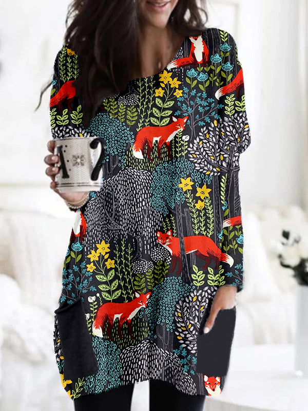 Fox in the Forest Graphic Comfy Patch Pocket Tunic artswardrobe