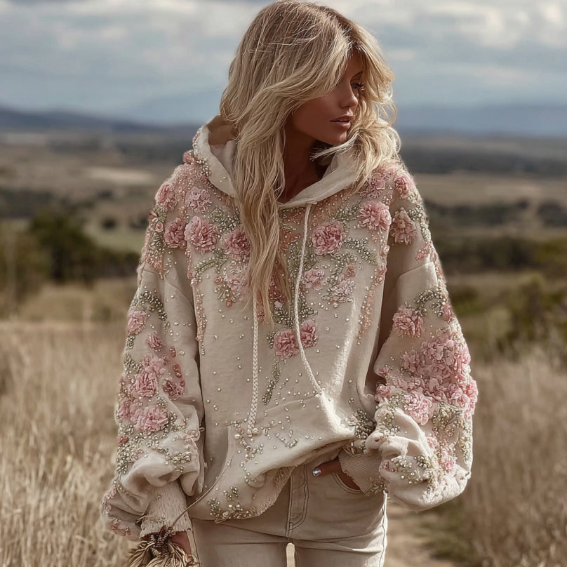 Comstylish Women's Pink Floral Embroidery Art Casual Hoodie