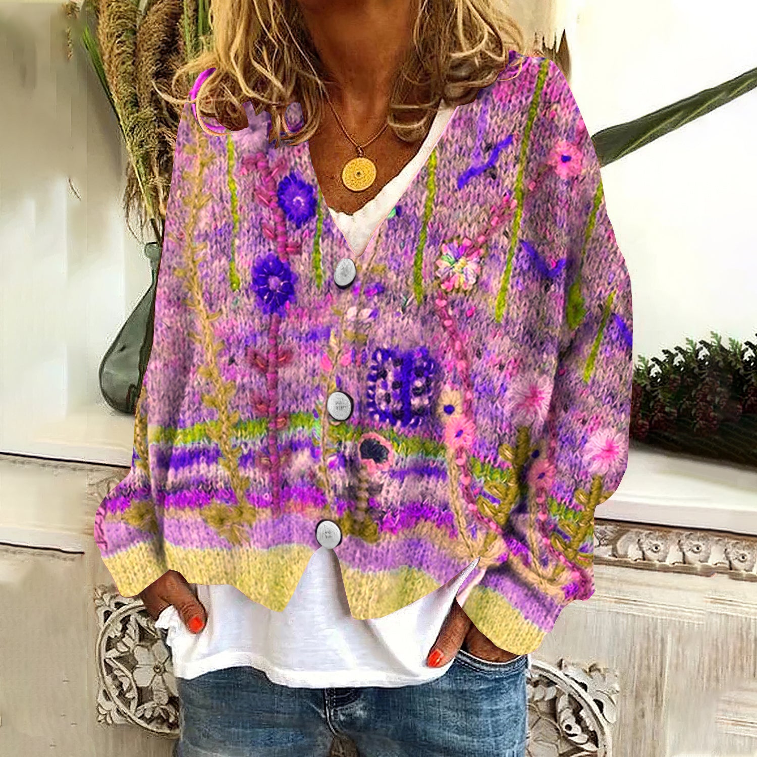 Vintage Floral Print V-Neck Long Sleeved Knitted Cardigan artswardrobe